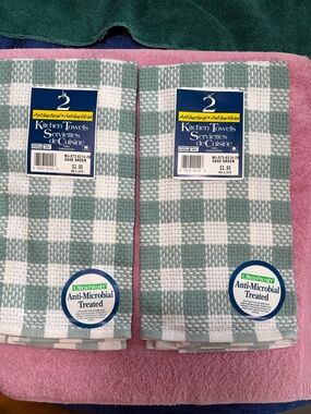 Vtg Antimicrobial Sage Green Check Kitchen Towels (4 total)